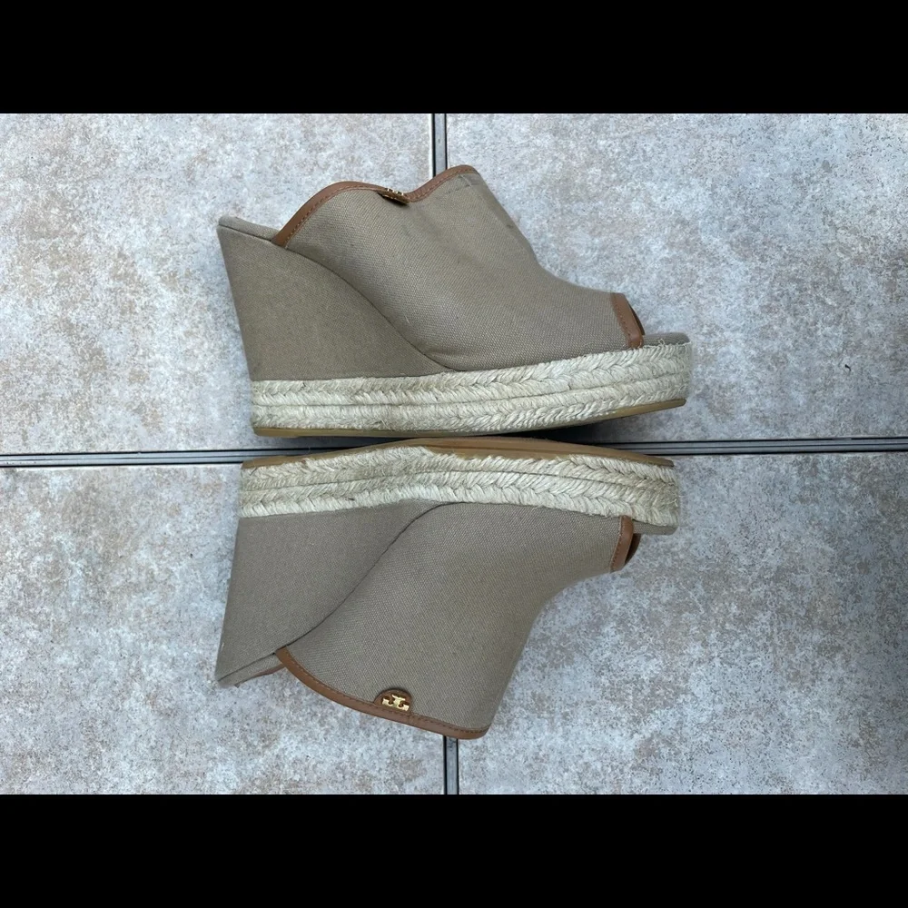 Tory Burch Beige Canvas Wedge Espadrille Mules